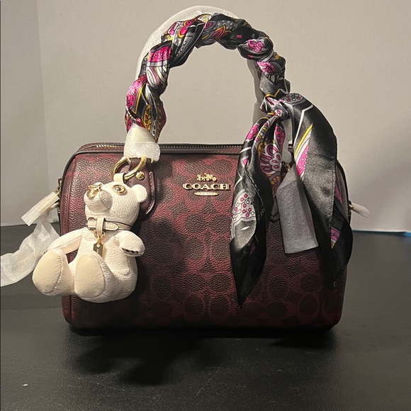 Coach Maroon Bag with Patterned Scarf and Bear Charm - Picture 1 of 5